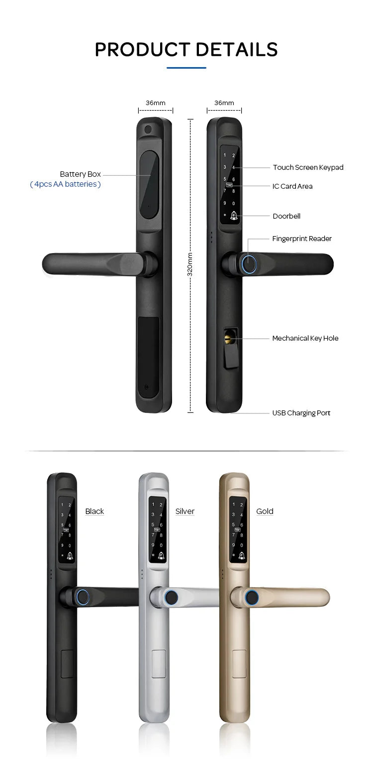 Tuya WiFi App waterproof Smart Door Lock Aluminum Biometric lock fingerprint door handle Digital Keyless lock for Glass Sliding