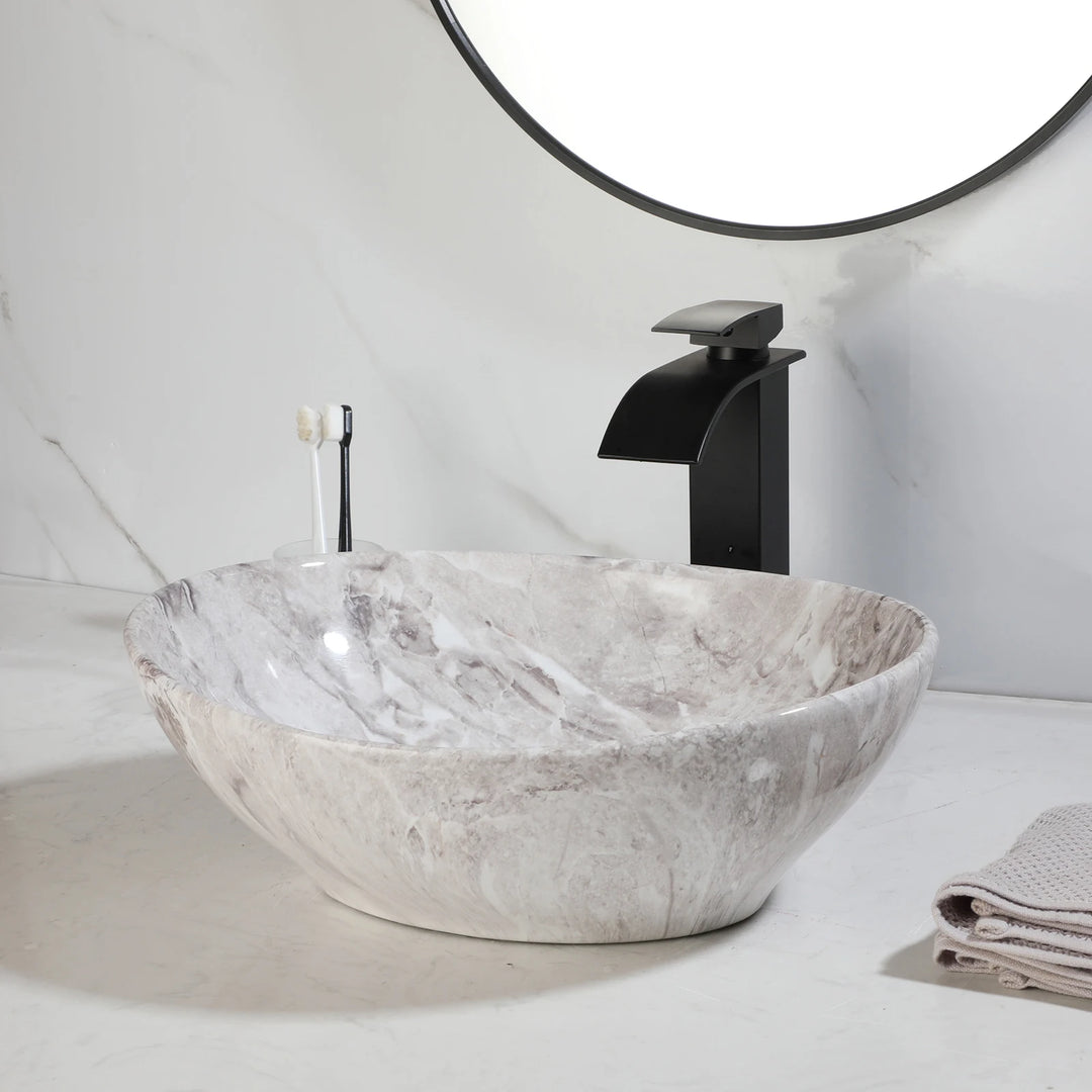 KEMAIDI Oval Vessel Sink with Faucet White Marbling Bathroom Vessel Sinks Above Counter  Ceramic Vessel Sinks for Bathroom Mixer