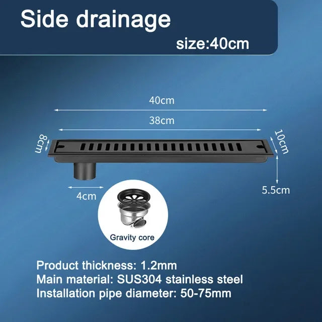 Black Floor Drain 304 Stainless Steel Shower Drain Long Strip Odor Proof Bathroom Floor Drainage Large Displacement