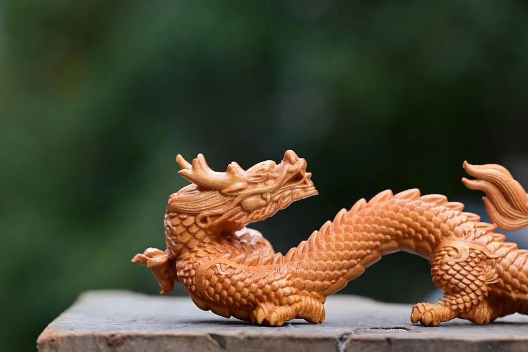 Natural Wood Shenlong  Statue  Chinese Auspicious Beast，Solid wood Carving