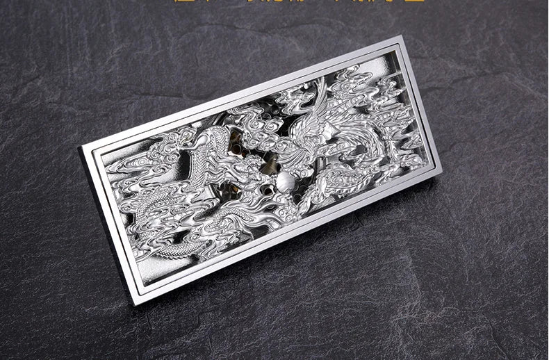 Bathroom Floor Drain Copper Antique Dragon Phoenix Picture Cover Large Displacement Floor Drain 20cm Long Strip Odor-Proof Drain