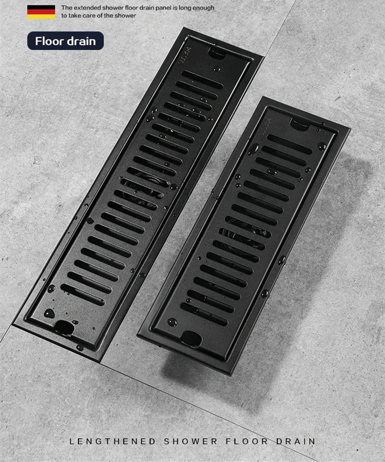 Black Floor Drain 304 Stainless Steel Shower Drain Long Strip Odor Proof Bathroom Floor Drainage Large Displacement