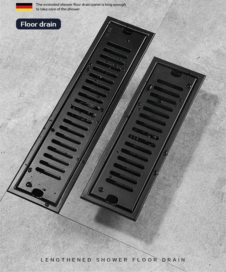 Black Floor Drain 304 Stainless Steel Shower Drain Long Strip Odor Proof Bathroom Floor Drainage Large Displacement