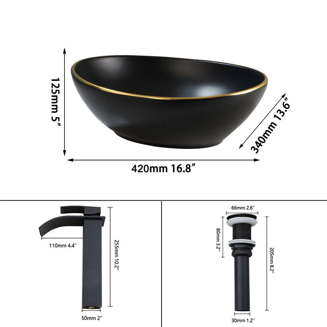 KEMAIDI Oval Vessel Sink with Faucet White Marbling Bathroom Vessel Sinks Above Counter  Ceramic Vessel Sinks for Bathroom Mixer