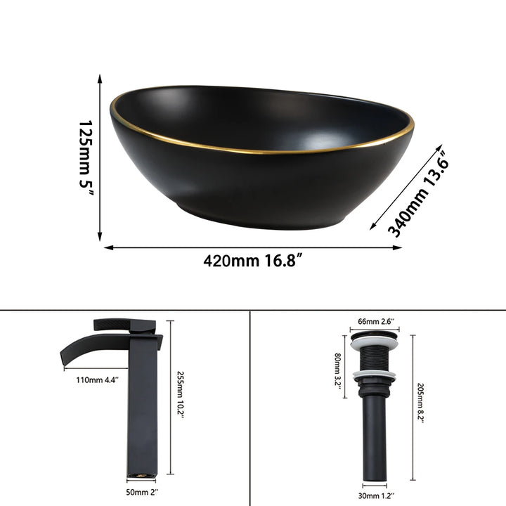 KEMAIDI Oval Vessel Sink with Faucet White Marbling Bathroom Vessel Sinks Above Counter  Ceramic Vessel Sinks for Bathroom Mixer