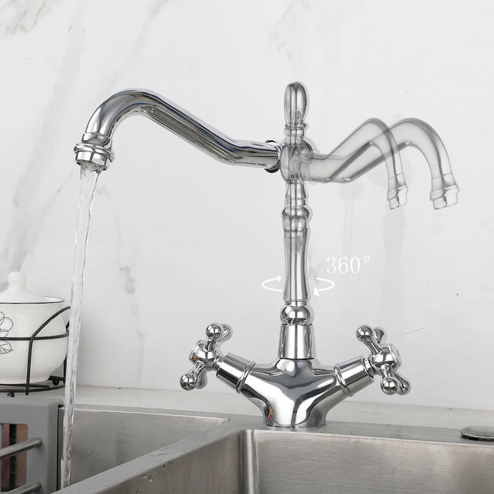 ZAPPO Kitchen Sink Faucet Polish Chrome Double Cross Handle Mixer 360° Swivel Spout Kitchen Faucets Tap Hot and Cold Water Taps