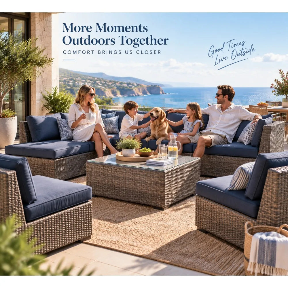 Modern Outdoor Rattan Lounge Set, Weatherproof PE Wicker Sofa & Coffee Table for Sales Office Display, Courtyard Garden