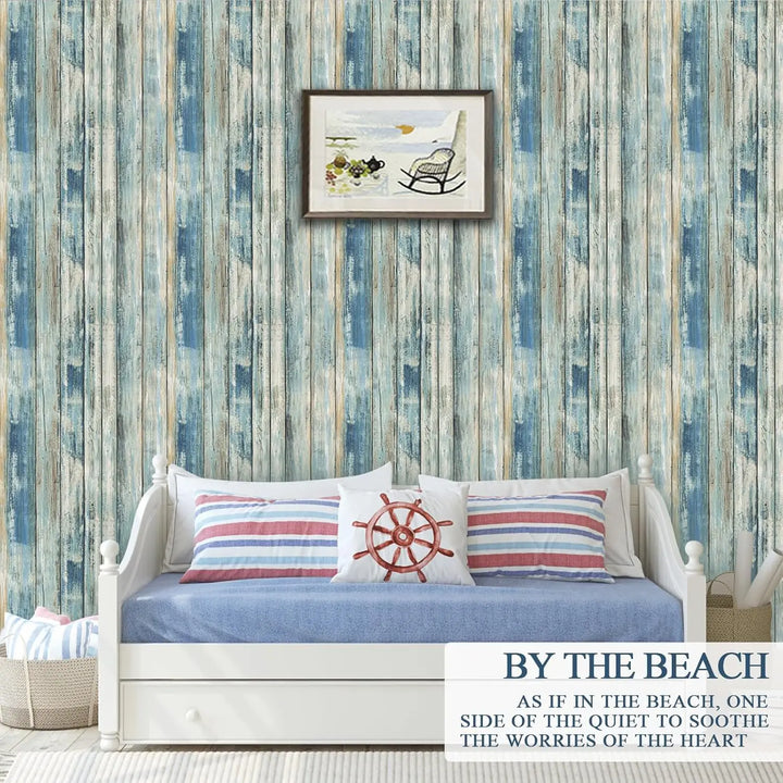 Blue Distressed Wood Peel and Stick Wallpaper Wood Panel Self-Adhesive Wallpaper Wood Grain Removable Contact Paper for Cabinets