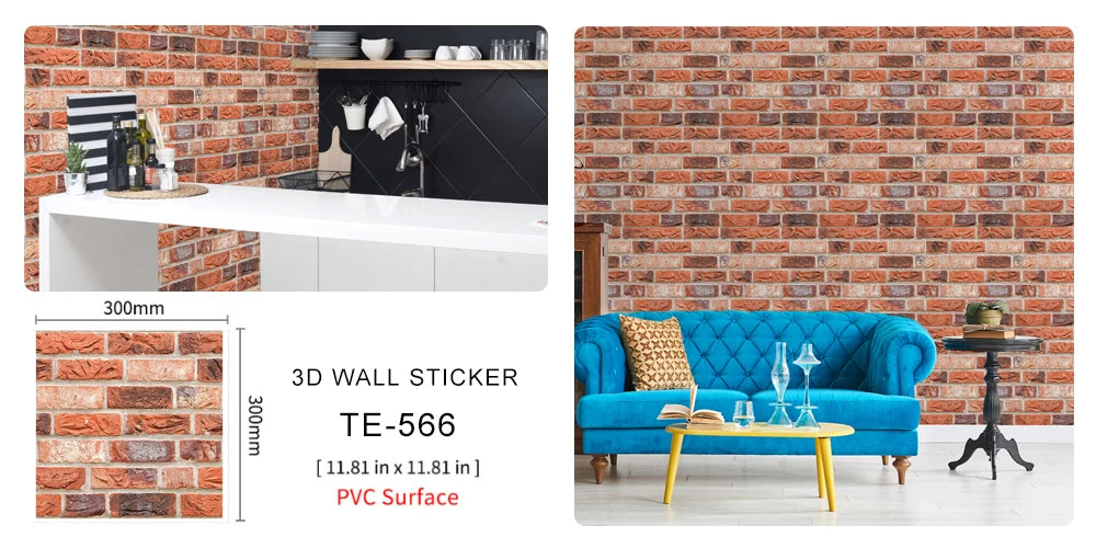 15PCS Wall Sticker Waterproof PVC imitation brick Wallpapers for TV walls living room bedroom kitchen kids rooms painted surface