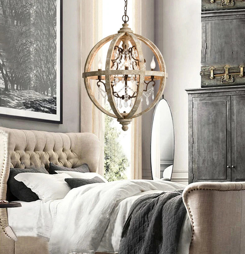Globe Wood Chandelier Bedroom Living Room Hanging Lights Antique Round Sphere Wooden Chandelier