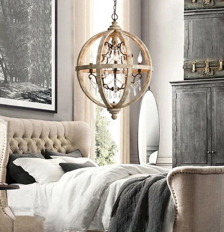 Globe Wood Chandelier Bedroom Living Room Hanging Lights Antique Round Sphere Wooden Chandelier