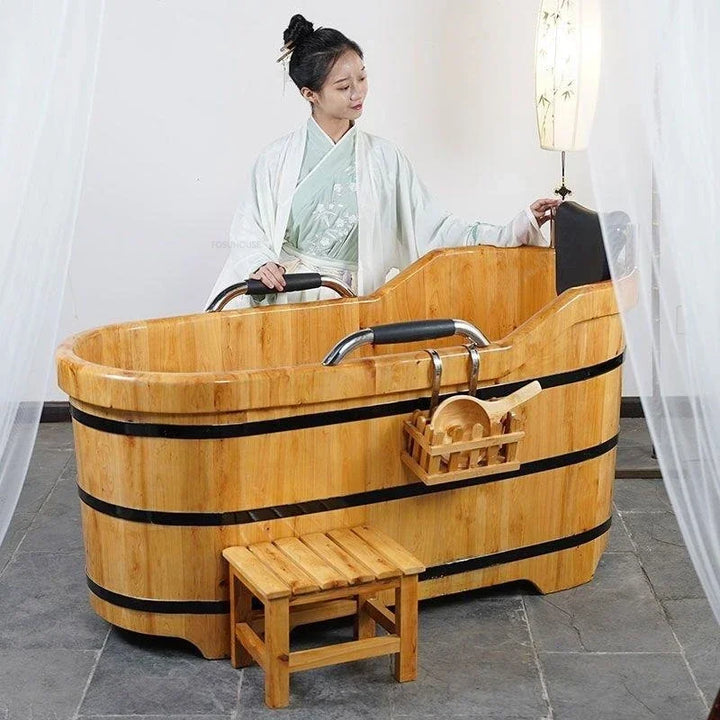Portable Bathtubs Wooden Barrel Sweat Steaming with Cover Home Full Body Adult Bath Barrel Adult Home Beauty Salon Bath Tub