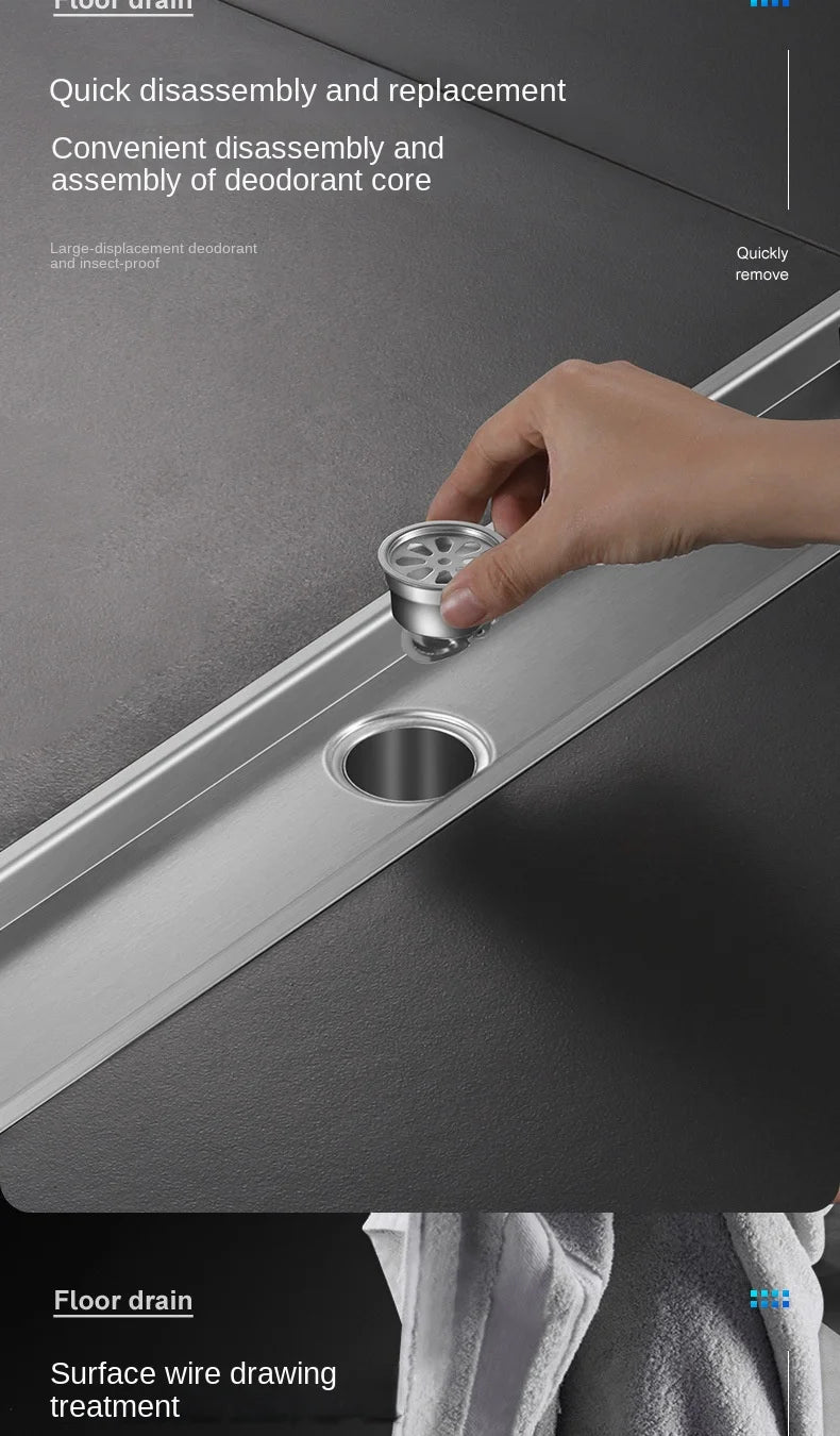 Luxury Hidden 304 Stainless Steel Rectangular Floor Drain Bathroom Toilet Drain Anti-Odor Filter Hair Extended Floor Drain
