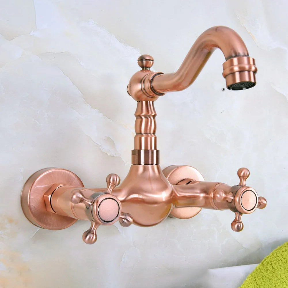 Antique Red Copper Bathroom Kitchen Sink Basin Faucet Mixer Tap Swivel Spout Wall Mounted Dual Cross Handles Nnf946