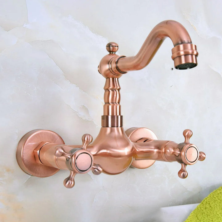 Antique Red Copper Bathroom Kitchen Sink Basin Faucet Mixer Tap Swivel Spout Wall Mounted Dual Cross Handles Nnf946