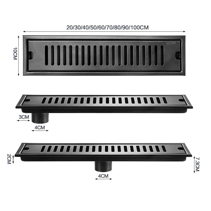 Black Floor Drain 304 Stainless Steel Shower Drain Long Strip Odor Proof Bathroom Floor Drainage Large Displacement