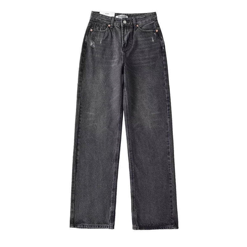 MiuKoMiYa Straight Leg Jeans For Women High Waist Gray Long Wide Denim Pants Vintage Blue Boyfriend Jeans