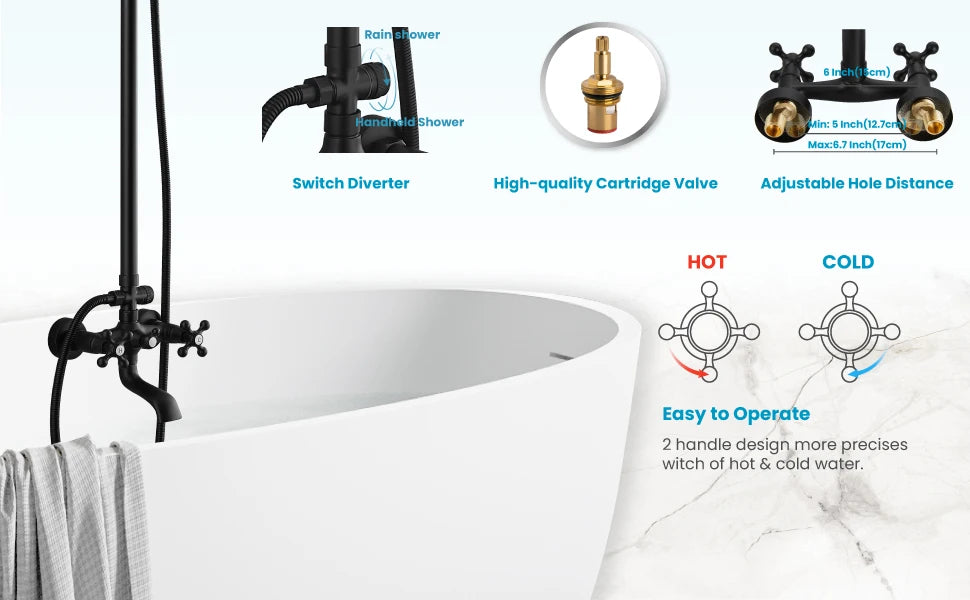 KEMAIDI Bathroom Black Shower Set Wall Mounted 8" Rainfall Shower Faucet 3-functions 2 Cross Handles Solid Brass Shower Fixtures
