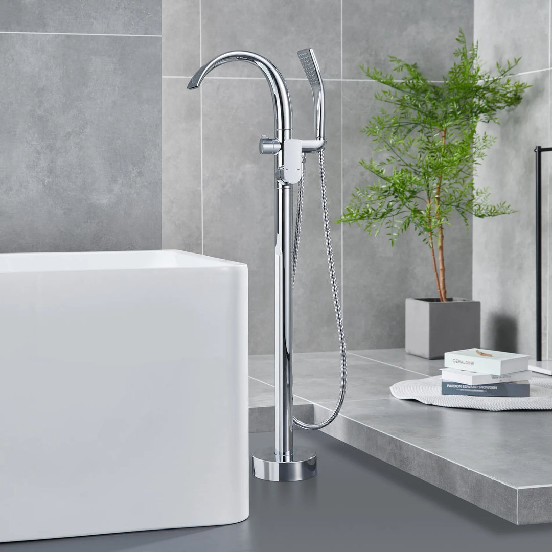 Floor Stand Waterfall Bathtub Faucet Solid Brass Bathroom Bathtub Water Mixer with Hand Shower in Brushed Rose Gold, Black, Gold