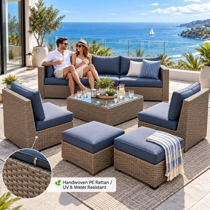 Modern Outdoor Rattan Lounge Set, Weatherproof PE Wicker Sofa & Coffee Table for Sales Office Display, Courtyard Garden
