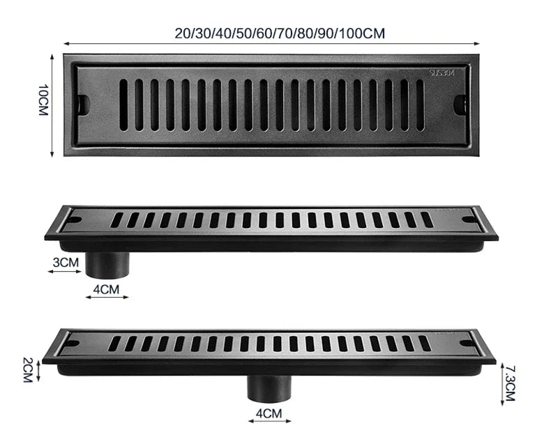 Black Floor Drain 304 Stainless Steel Shower Drain Long Strip Odor Proof Bathroom Floor Drainage Large Displacement