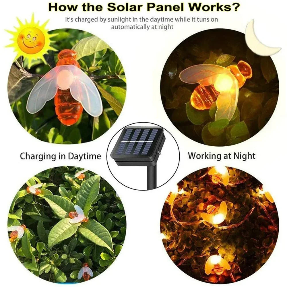 Solar Bee LED String Lights Outdoor Holiday Party Lighting Night Lamp for Garden