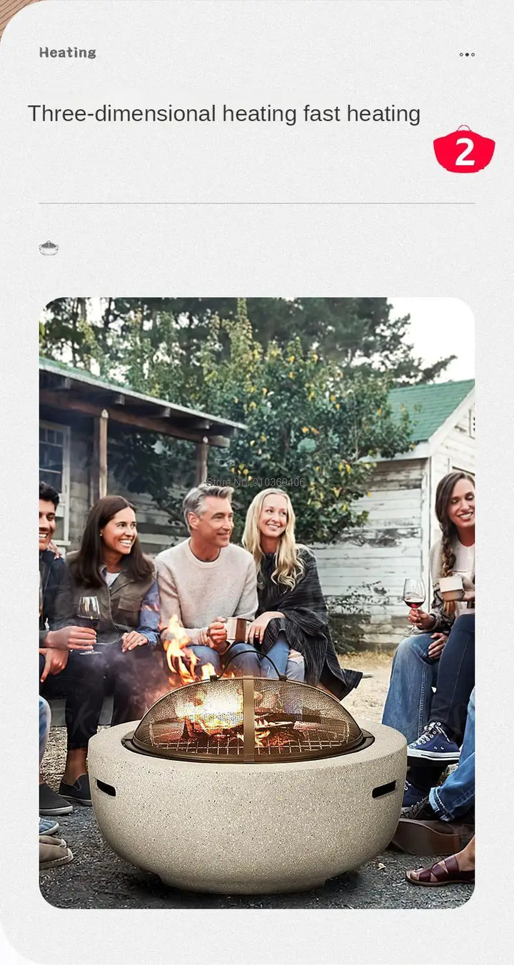 Round Outdoor Fire Pit Table Household Charcoal Brazier Garden Courtyard Barbecue Grill with Mesh Enclosure and Barbecue Net