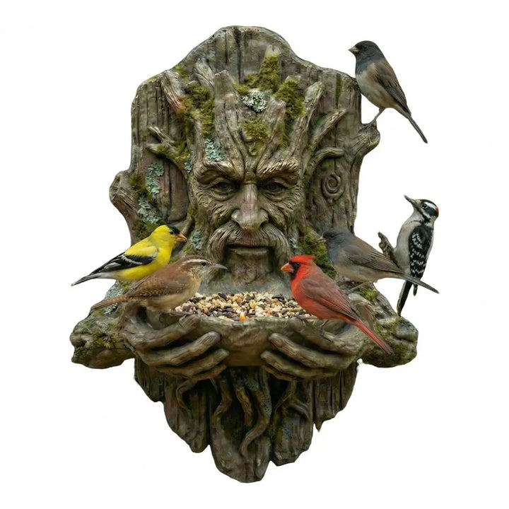 Mounted on Tree Bird Feeder Tree Face Bird Feeder Weatherproof Resin Decorative Birdseed Holder for Garden Backyard