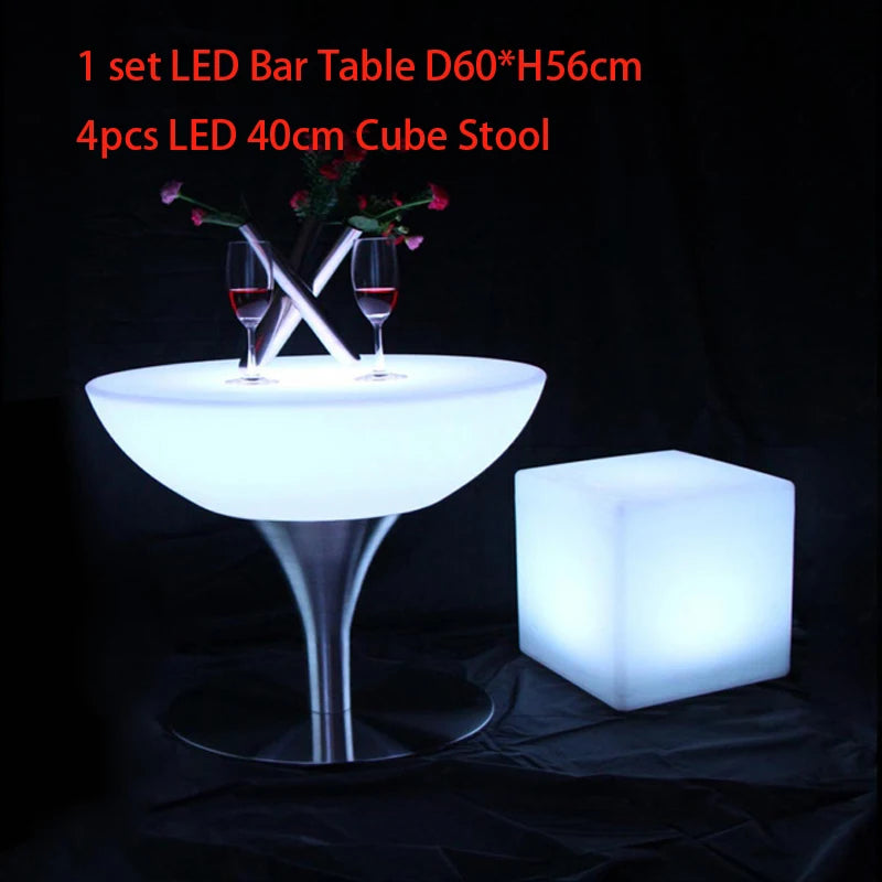 LED Illuminated Furniture Bar Table Set, SK-LF18 (D60*H56cm) 1pc+4pcs LED Cube Stool Diameter 40cm,for Outdoor Bar Party