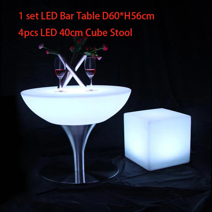 LED Illuminated Furniture Bar Table Set, SK-LF18 (D60*H56cm) 1pc+4pcs LED Cube Stool Diameter 40cm,for Outdoor Bar Party