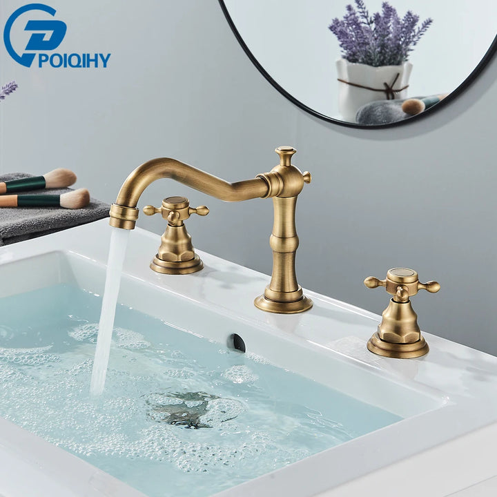 Antique Brass Bathroom Mixer Taps Widespread Basin Faucet Dual Handles Hot and Cold Tap Deck Mounted Brass Basin Sink Faucet