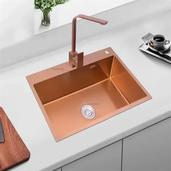 Rose Gold Stainless Steel Kitchen Sink Single Bowl Above Counter Vegetable Basin Modern Drain Storage Luxury