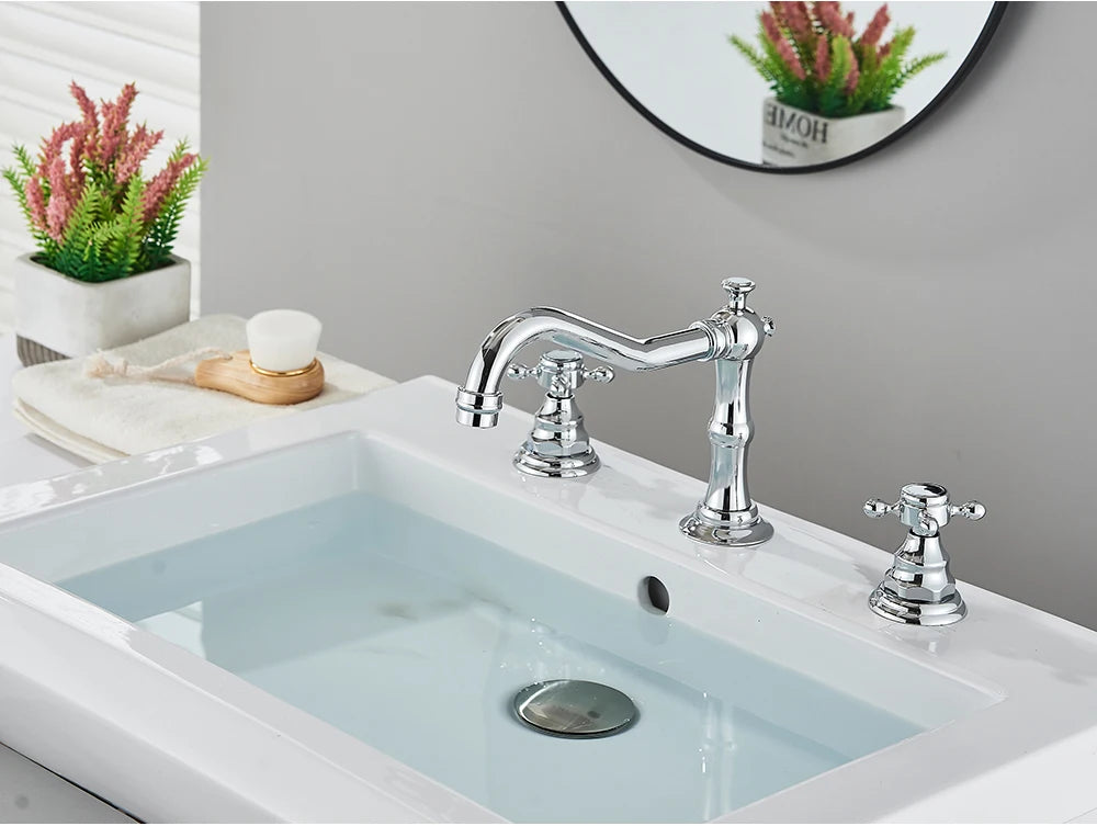 Antique Brass Bathroom Mixer Taps Widespread Basin Faucet Dual Handles Hot and Cold Tap Deck Mounted Brass Basin Sink Faucet
