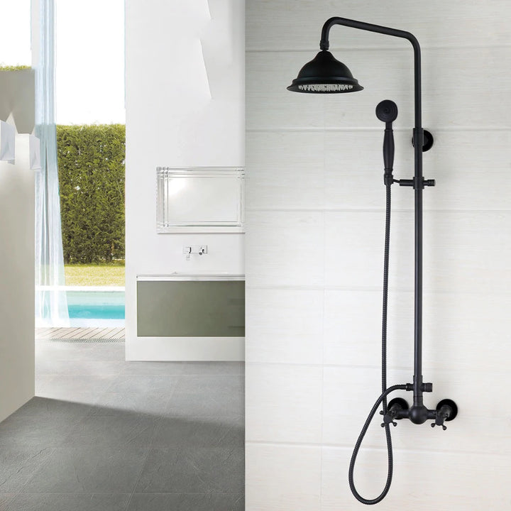 KEMAIDI Bathroom Black Shower Set Wall Mounted 8" Rainfall Shower Faucet 3-functions 2 Cross Handles Solid Brass Shower Fixtures