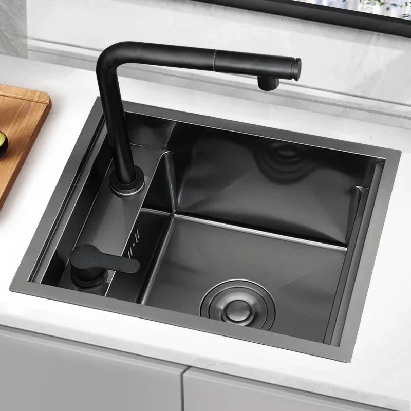 Nano Hidden Bar Kitchen Sink Black Folding Faucet Mini Small Single Bowl Wash Basin Stainless Steel Soap Dispenser Accessories