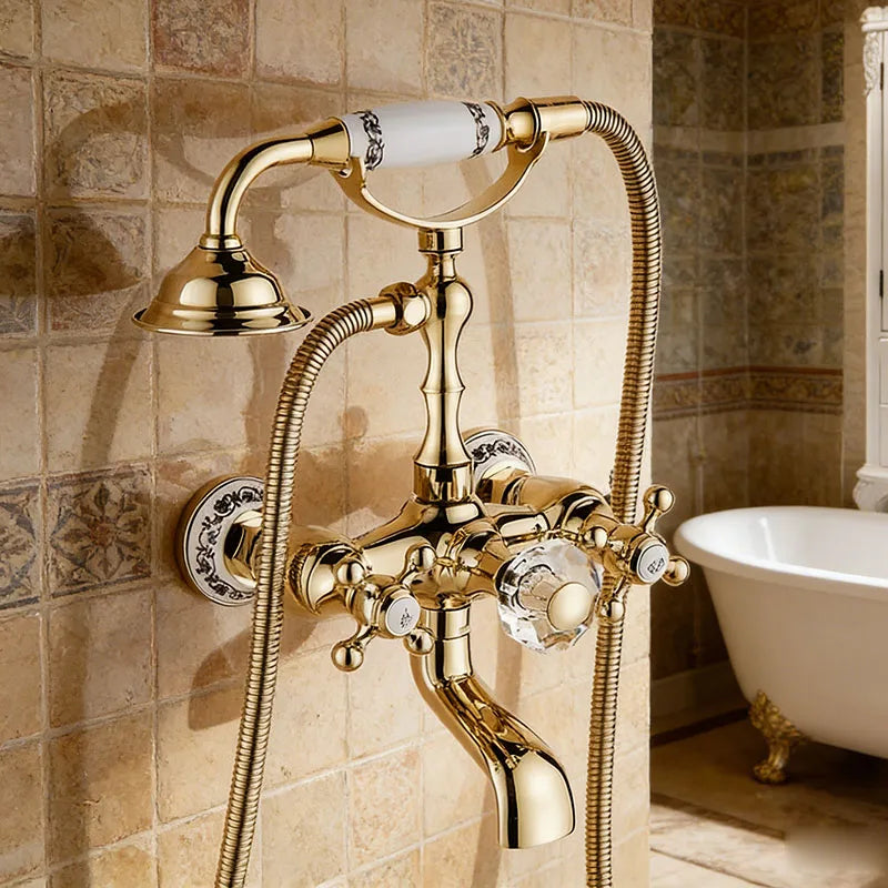 Luxury Golden Bathtub Faucet - Brass Bathroom Faucet with Rotating Spout & Shower, Brass Construction