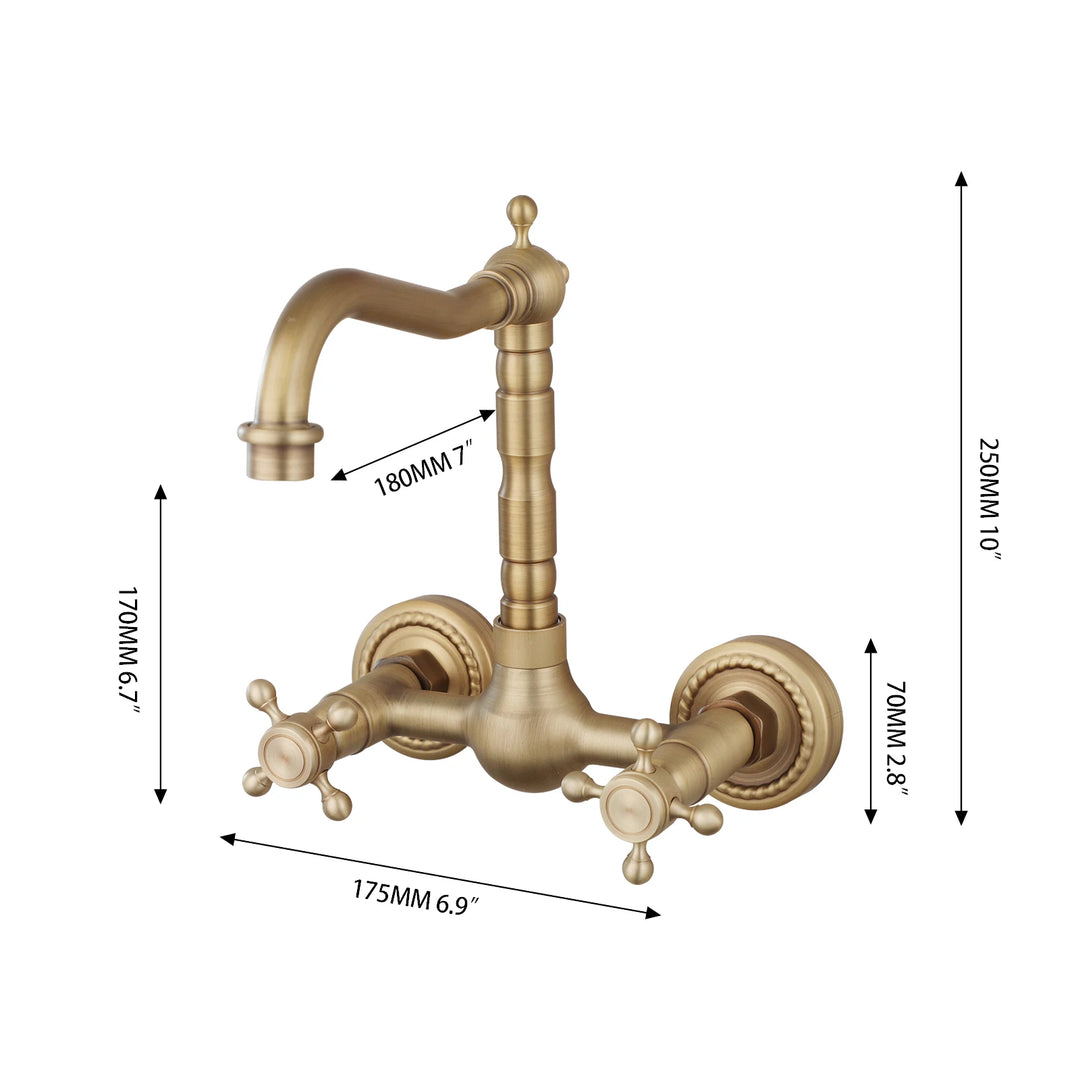 KEMAIDI Antique Brass Bathroom Basin Sink Faucet Tap Dual Handles Wall Mounted Hot Cold Water Mixer Tap 360 Swivel Spout Faucets