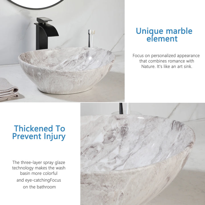 KEMAIDI Oval Vessel Sink with Faucet White Marbling Bathroom Vessel Sinks Above Counter  Ceramic Vessel Sinks for Bathroom Mixer