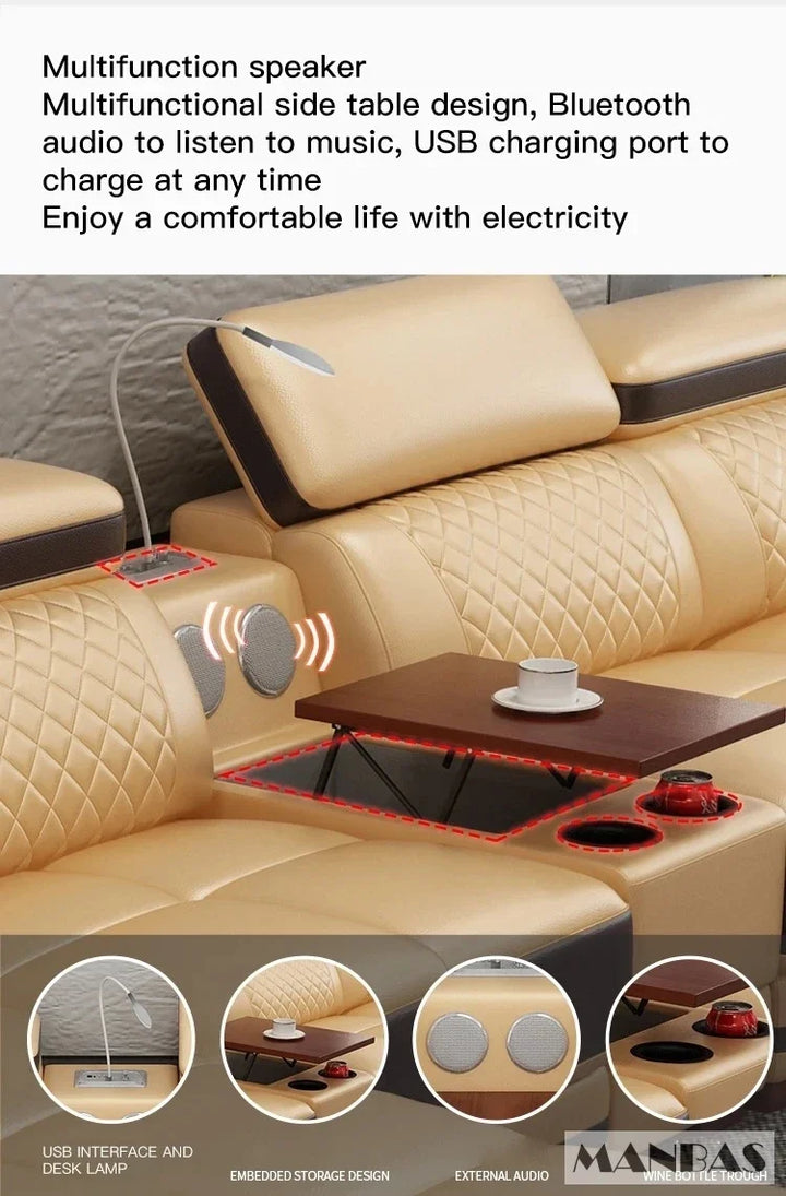 Modern Luxury Genuine Leather Sectional Sofa with Chaise Lounge, Adjustable Headrest, Built-in Storage, USB Charging, Cup Holder