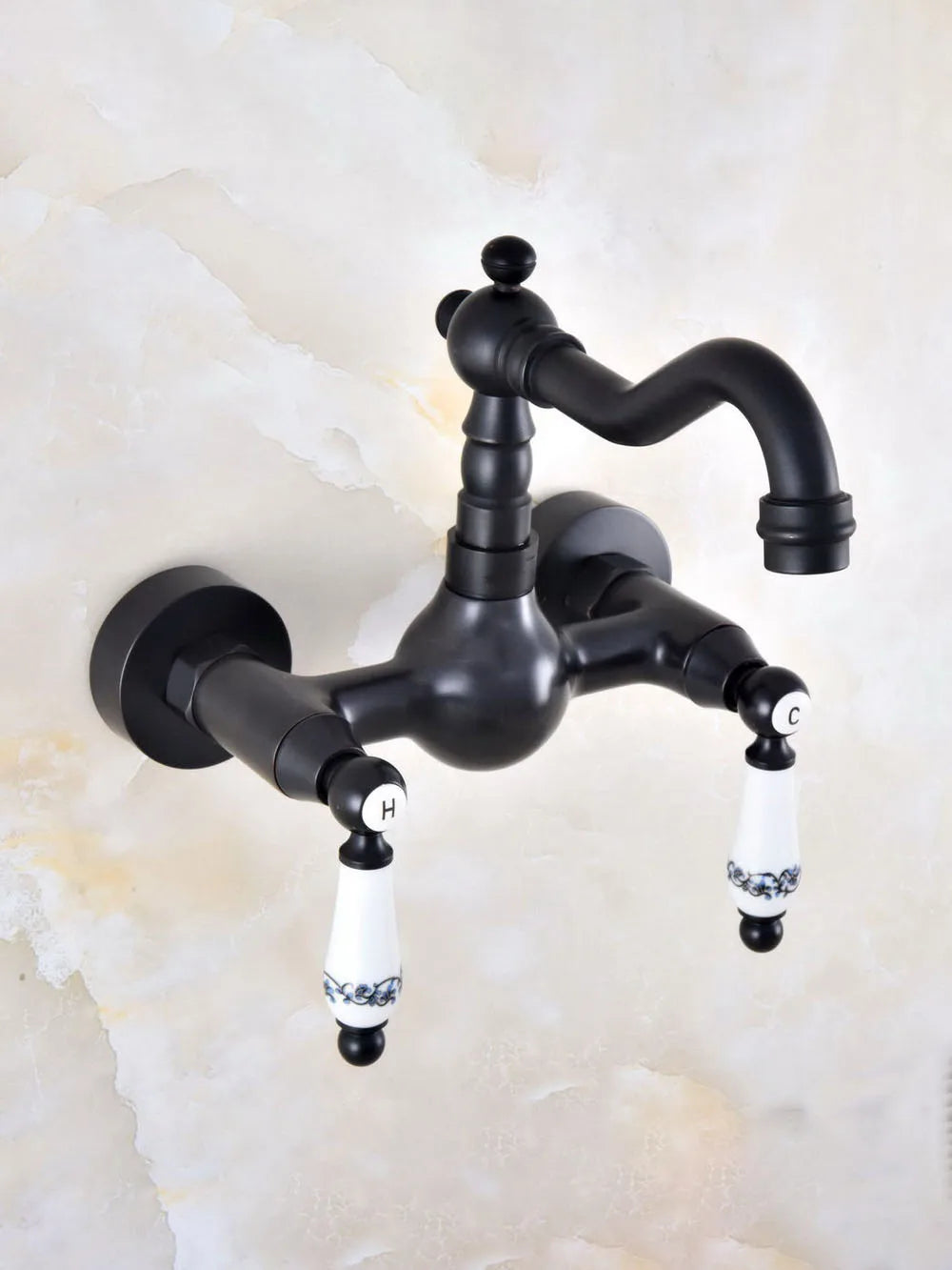 Black Oil Rubbed Bronze Wall Mounted Bathroom Kitchen Sink Faucet Swivel Spout Mixer Tap Dual Ceramics Handles Levers anf859
