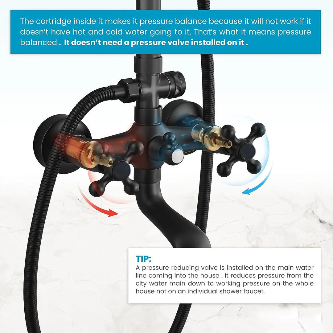 KEMAIDI Bathroom Black Shower Set Wall Mounted 8" Rainfall Shower Faucet 3-functions 2 Cross Handles Solid Brass Shower Fixtures