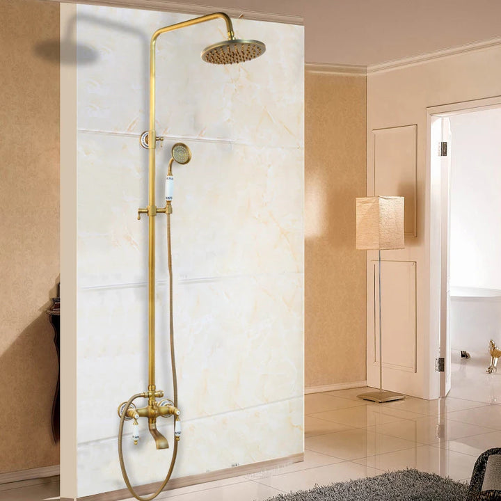 KEMAIDI Antique Brass Retro Vintage Bathroom Shower Faucet Set Wall Mounted Rainfall Shower Head Bathtub Mixer Shower Systerm