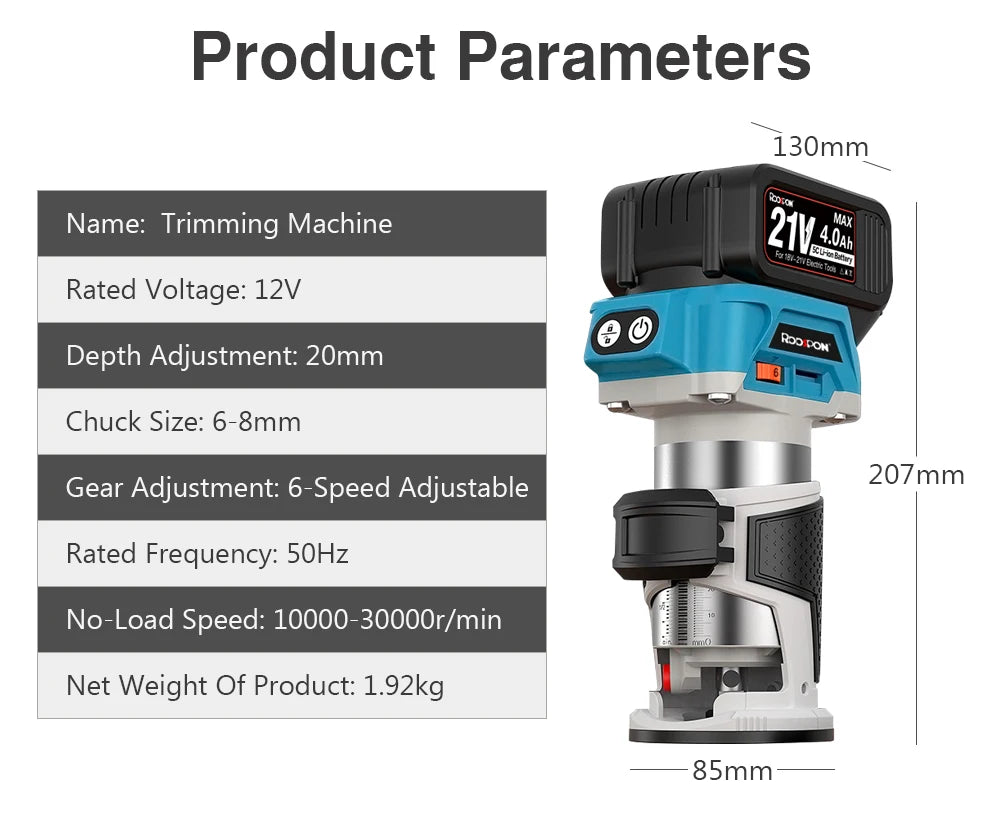 6 Speeds Brushless Hand  Electric Trimmer Cordless Wood Router Woodworking Engraving Slotting Power Tool for Makita 18V Battery