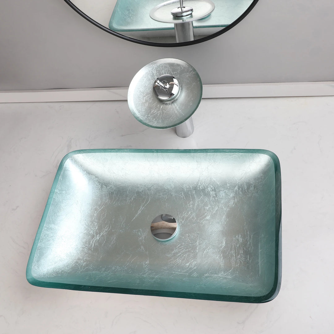 KEMAIDI Big Tempered Glass Basin Sink Washbasin Bathroom Vessel Sinks Counter Top Bowl Washroom Vessel Vanity Sink Faucet Set