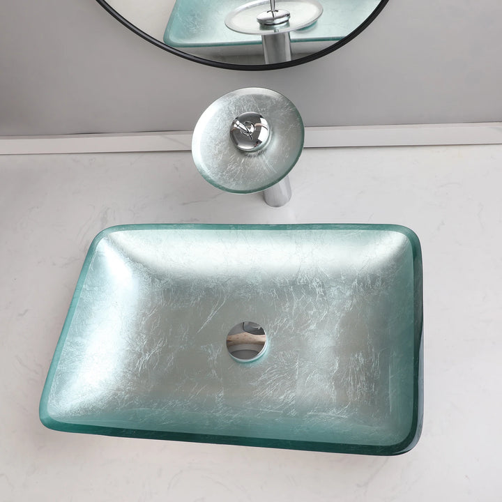 KEMAIDI Big Tempered Glass Basin Sink Washbasin Bathroom Vessel Sinks Counter Top Bowl Washroom Vessel Vanity Sink Faucet Set