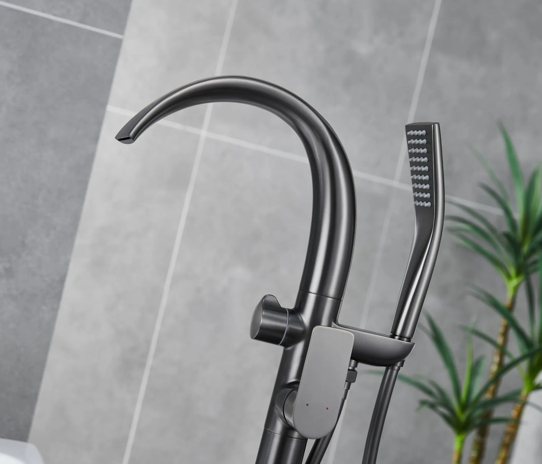 Floor Stand Waterfall Bathtub Faucet Solid Brass Bathroom Bathtub Water Mixer with Hand Shower in Brushed Rose Gold, Black, Gold
