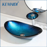 KEMAIDI Bathroom Sink Countertop Basin Bowl with Faucet Washroom Vessel Vanity Sinks Tempered Glass Basin Washbasin Faucet Set