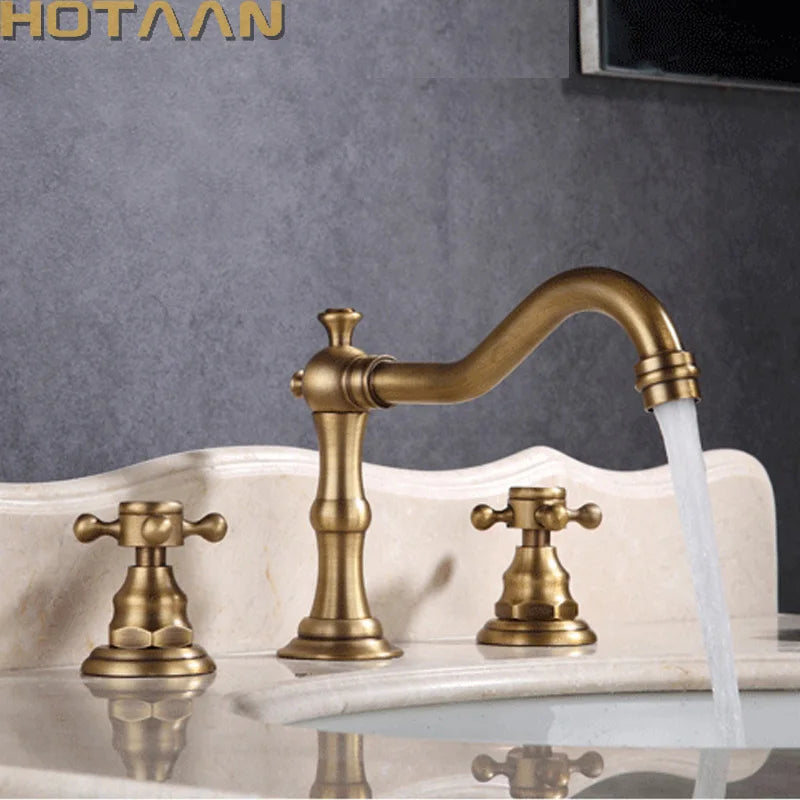 Solid Brass Bathroom Basin Mixer Tap Antique Brass  Kitchen Sink Faucet Dual Handles 3 holes 3 pcs Deck Mounted Basin Faucet