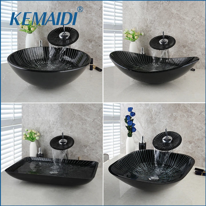 KEMAIDI Black Striped Tempered Glass Vessel Sink Set, Multi-Shape Bathroom Basin with Single-Handle Faucet Deck Mounted Vessel