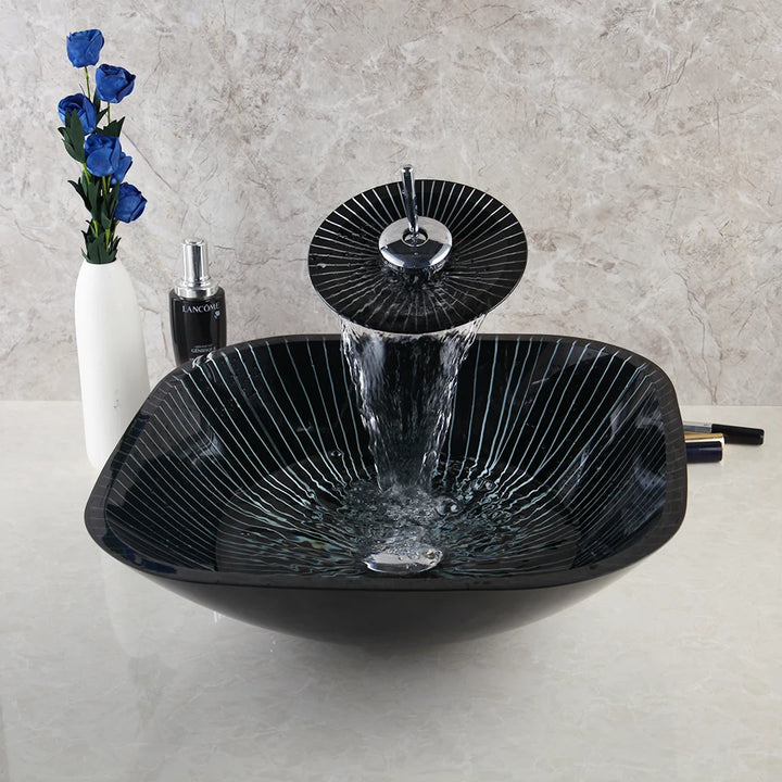 KEMAIDI Black Striped Tempered Glass Vessel Sink Set, Multi-Shape Bathroom Basin with Single-Handle Faucet Deck Mounted Vessel